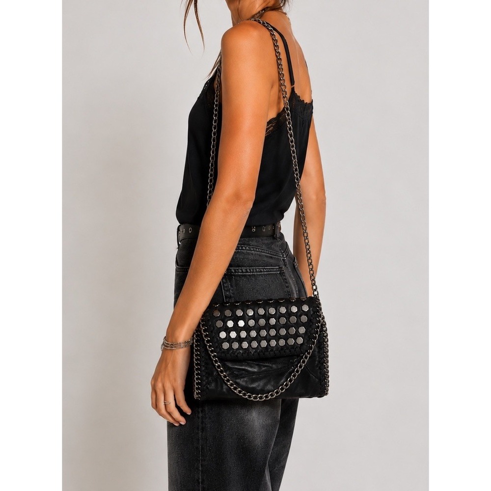 Y2K Vintage Black Leather Gunmetal Studded Whipstitch Chain Crossbody Clutch Bag